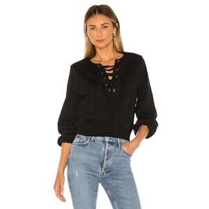 Tularose Black Balloon Sleeve Lace Up V-Neck Cotton Blend Faye Sweatshirt Sz S